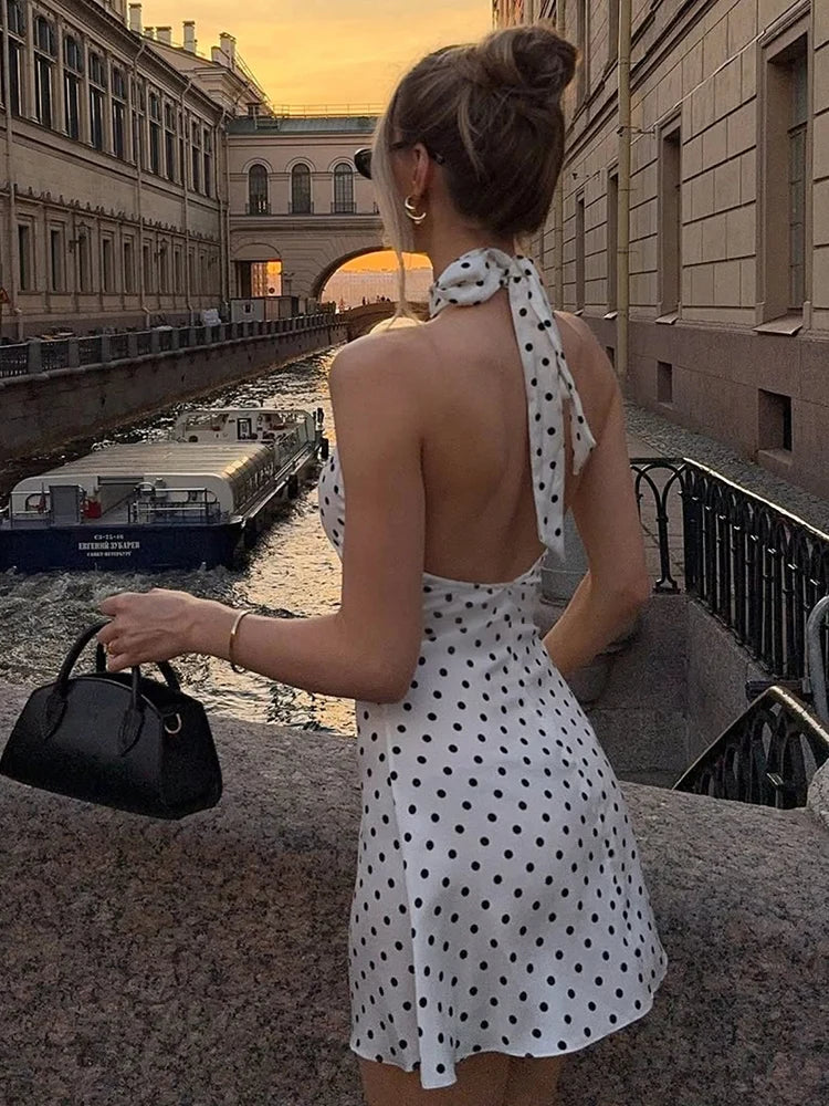 Elegant Polka Dot Off-Shoulder Sleeveless Backless High Waist Halter Mini Dress Y2K Summer Fashion Club Party Women's Vestidos