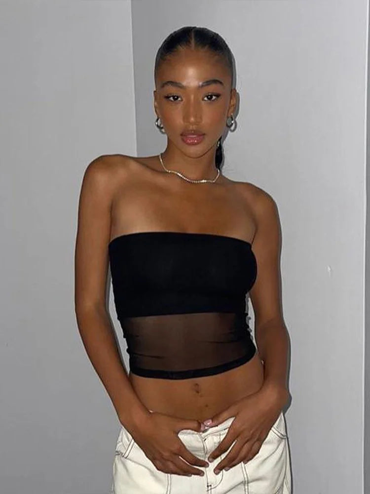 Mesh Corset Crop Top | Off Shoulder Patchwork Cami
