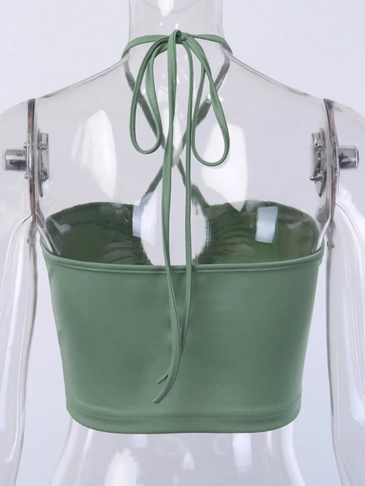 Sexy Solid Lace Up Bow Halter Ruched Crop Top Fashion Sleeveless Backless Tube Tops Female Streetwear Tops New Women