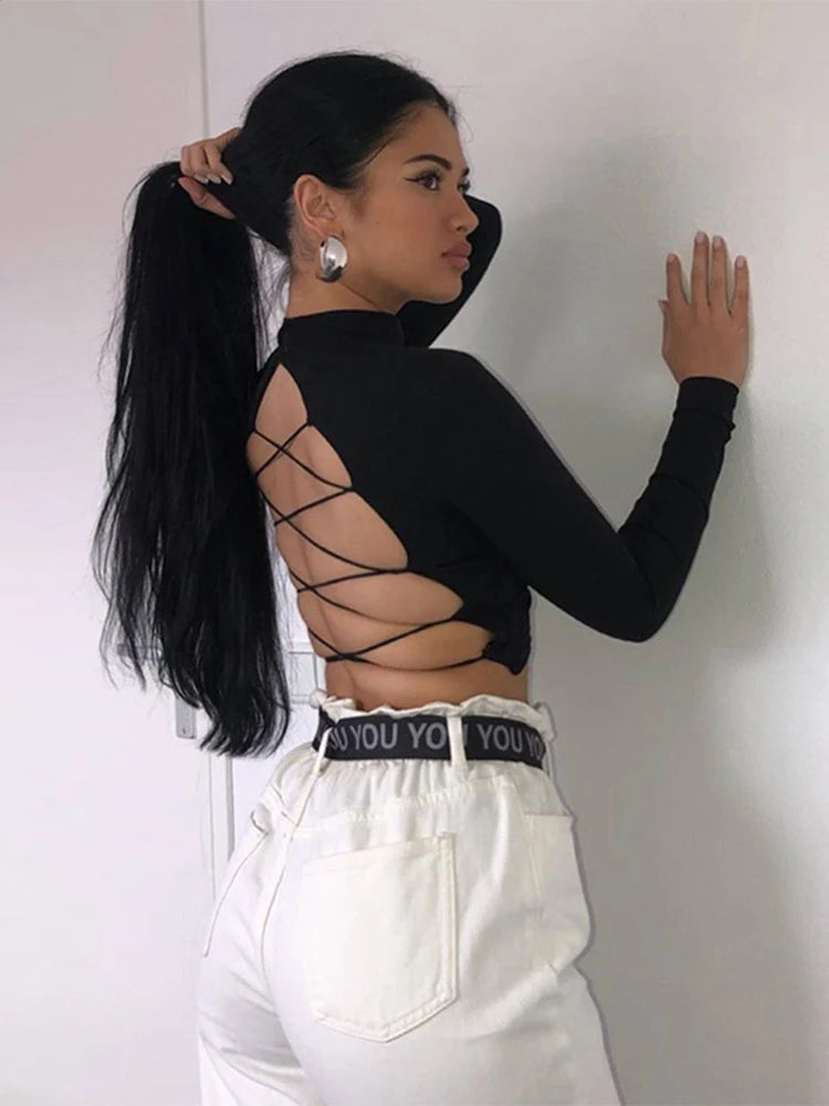 women cotton hollow out sexy tshirt bandage backless long sleeve tops Harajuku slim bodycon streetwear knitted tees