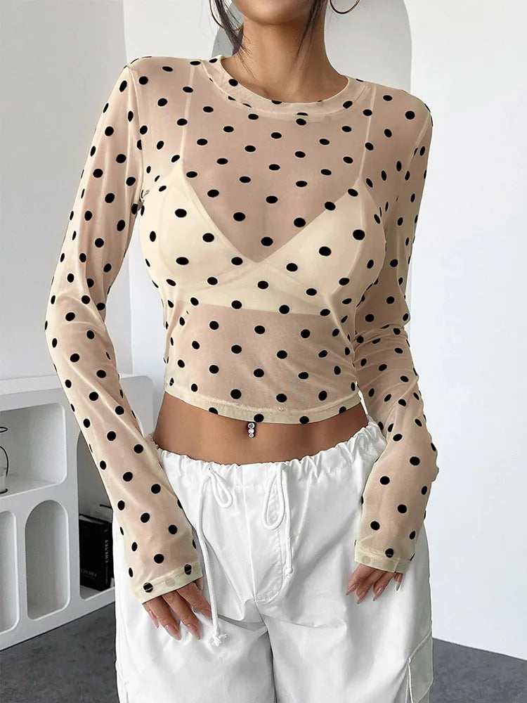 Polka Dot Mesh Crop Top | Y2K Sheer Blouse