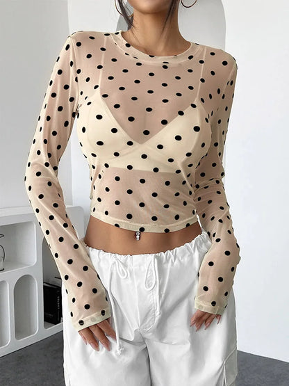 Polka Dot Mesh Crop Top | Y2K Sheer Blouse