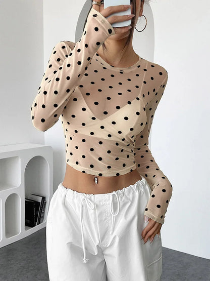 Polka Dot Mesh Crop Top | Y2K Sheer Blouse
