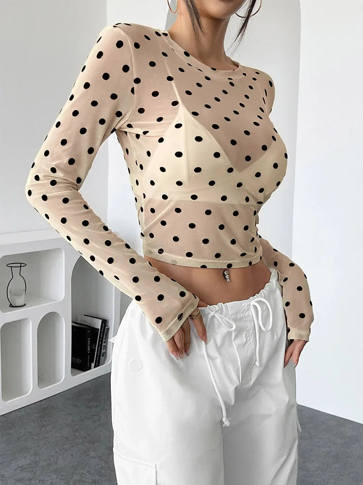 Polka Dot Mesh Crop Top | Y2K Sheer Blouse