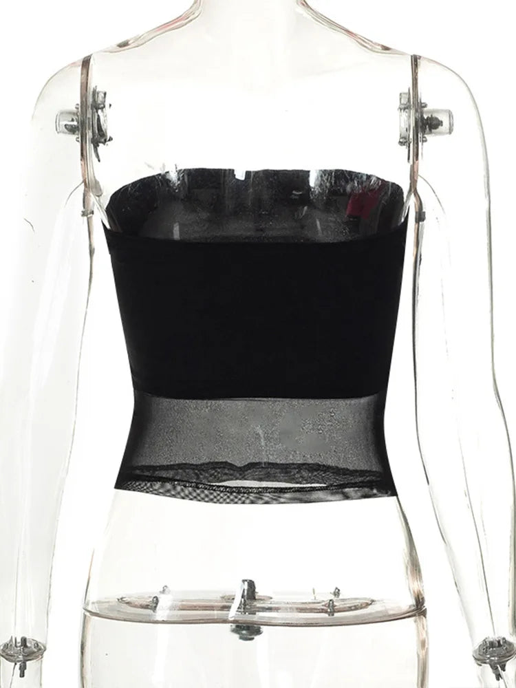 Mesh Corset Crop Top | Off Shoulder Patchwork Cami