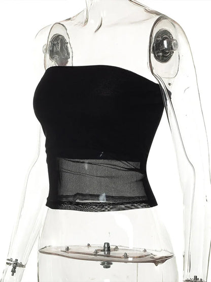 Mesh Corset Crop Top | Off Shoulder Patchwork Cami
