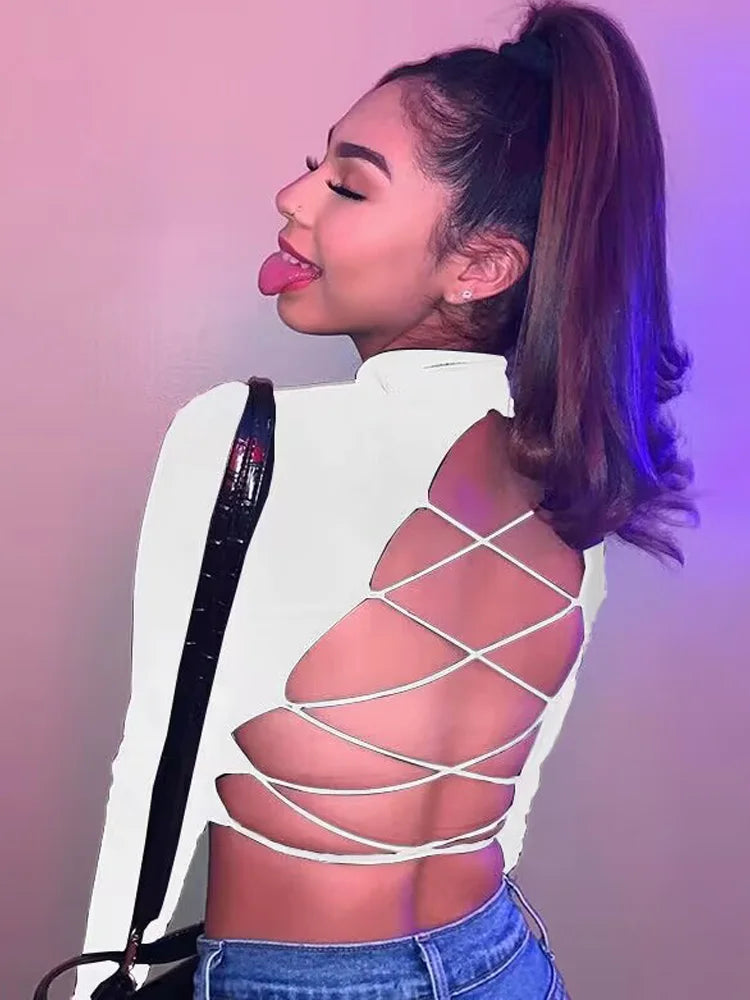 women cotton hollow out sexy tshirt bandage backless long sleeve tops Harajuku slim bodycon streetwear knitted tees