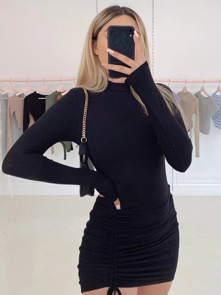 Long Sleeve Ruched Bodycon Mini Dress