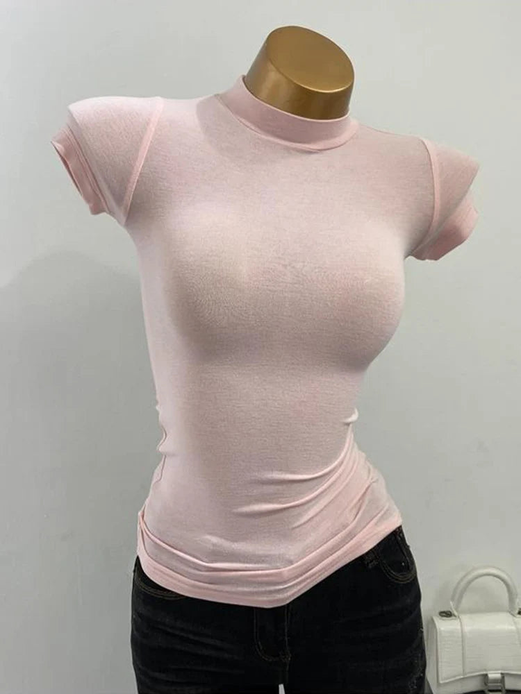 Half-high Collar T-shirt korean Transparent Short-sleeved Slim-fit Elastic Solid Inner Bottoming Shirt Sexy Big Chest T-shirt